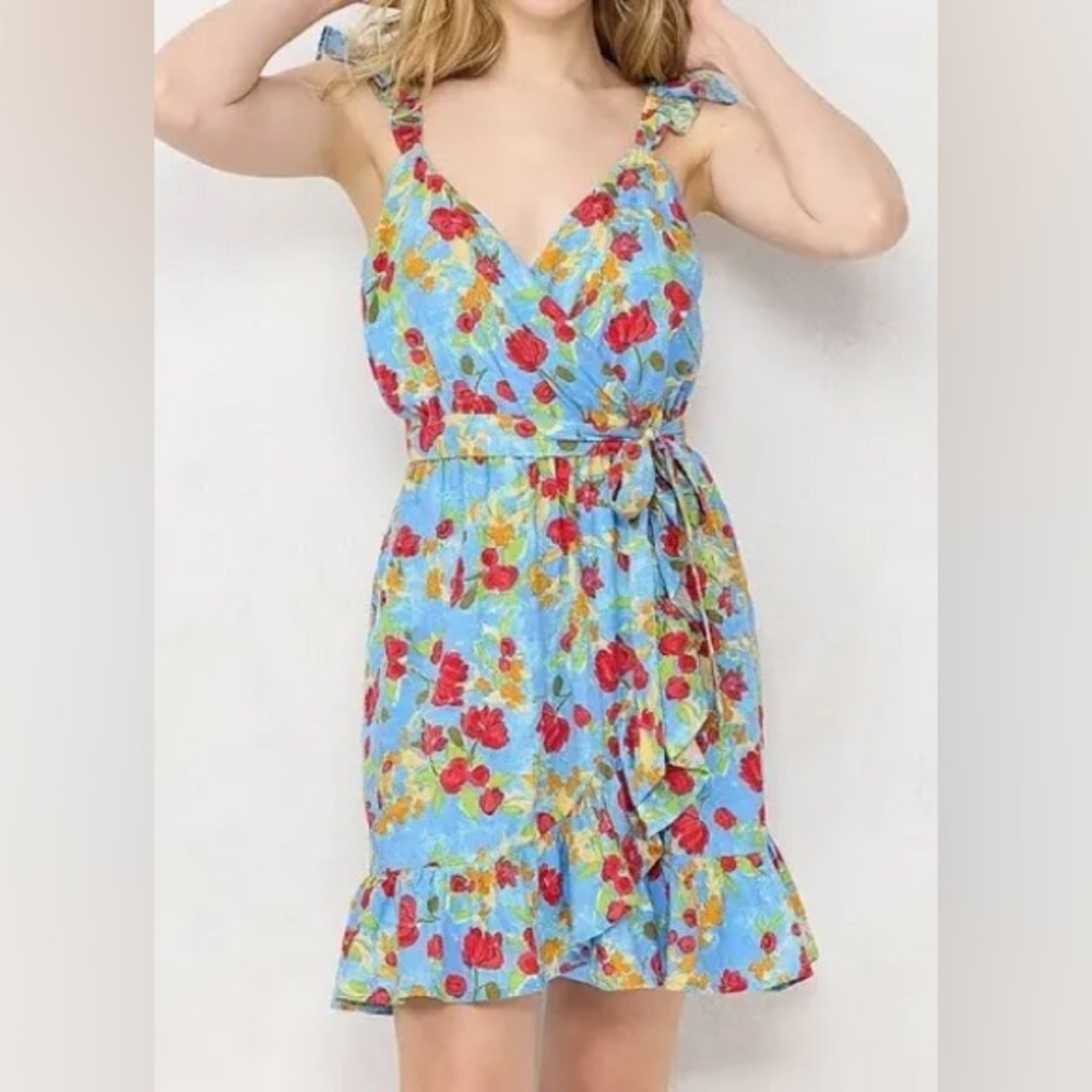 NWT LC Blue Floral Faux Wrap Dress